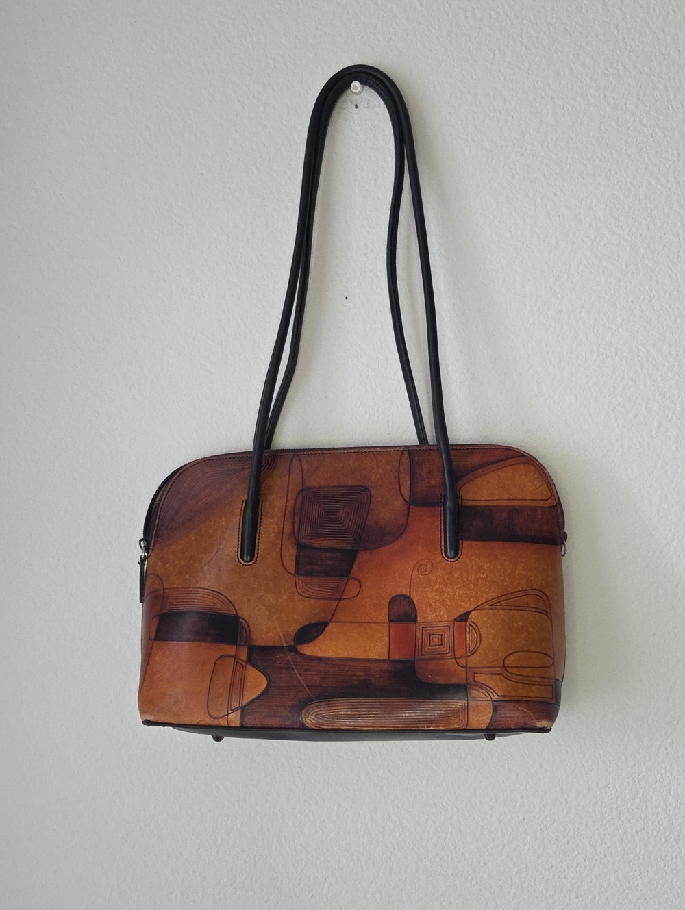 BAMBAS Vintage Hand Painted Leather Abstract Art Pattern Brown Shoulder Bag